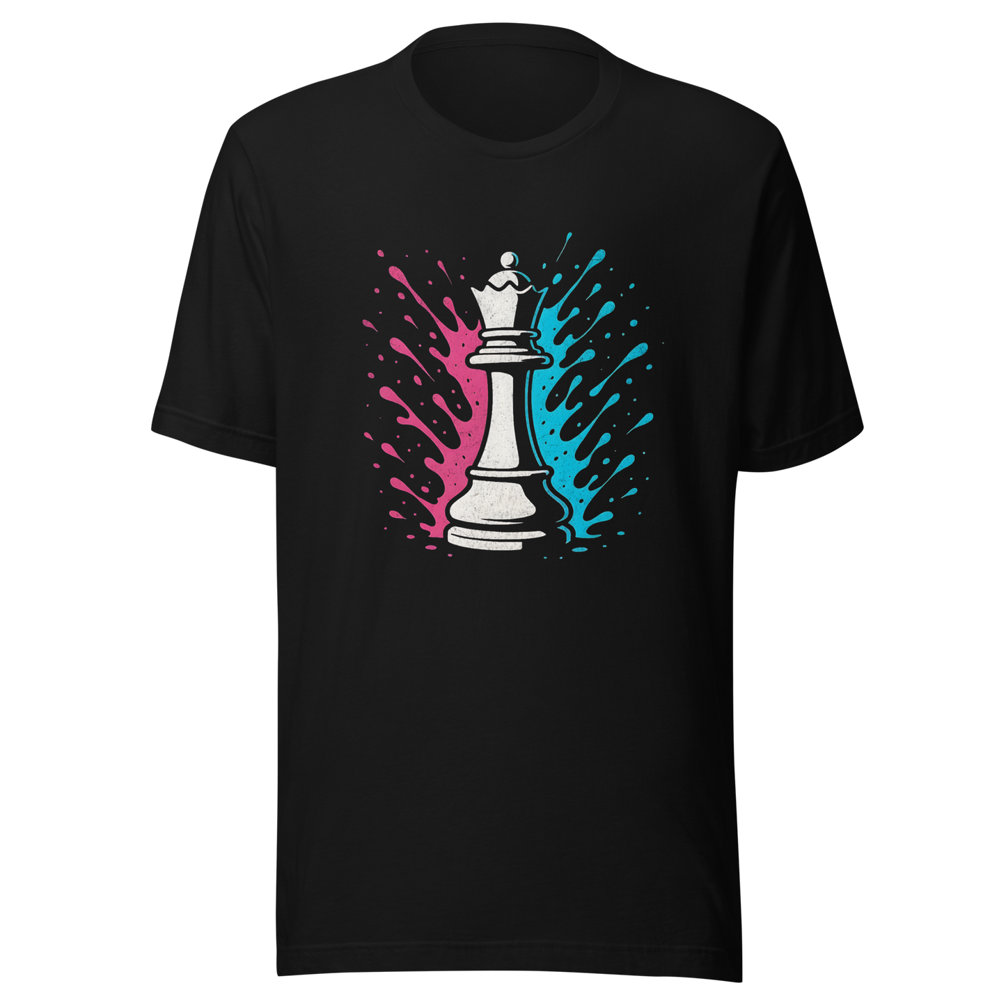Schwarzes Partnerlook T-Shirt mit Schach Dame und blau pinken Farbspritzern