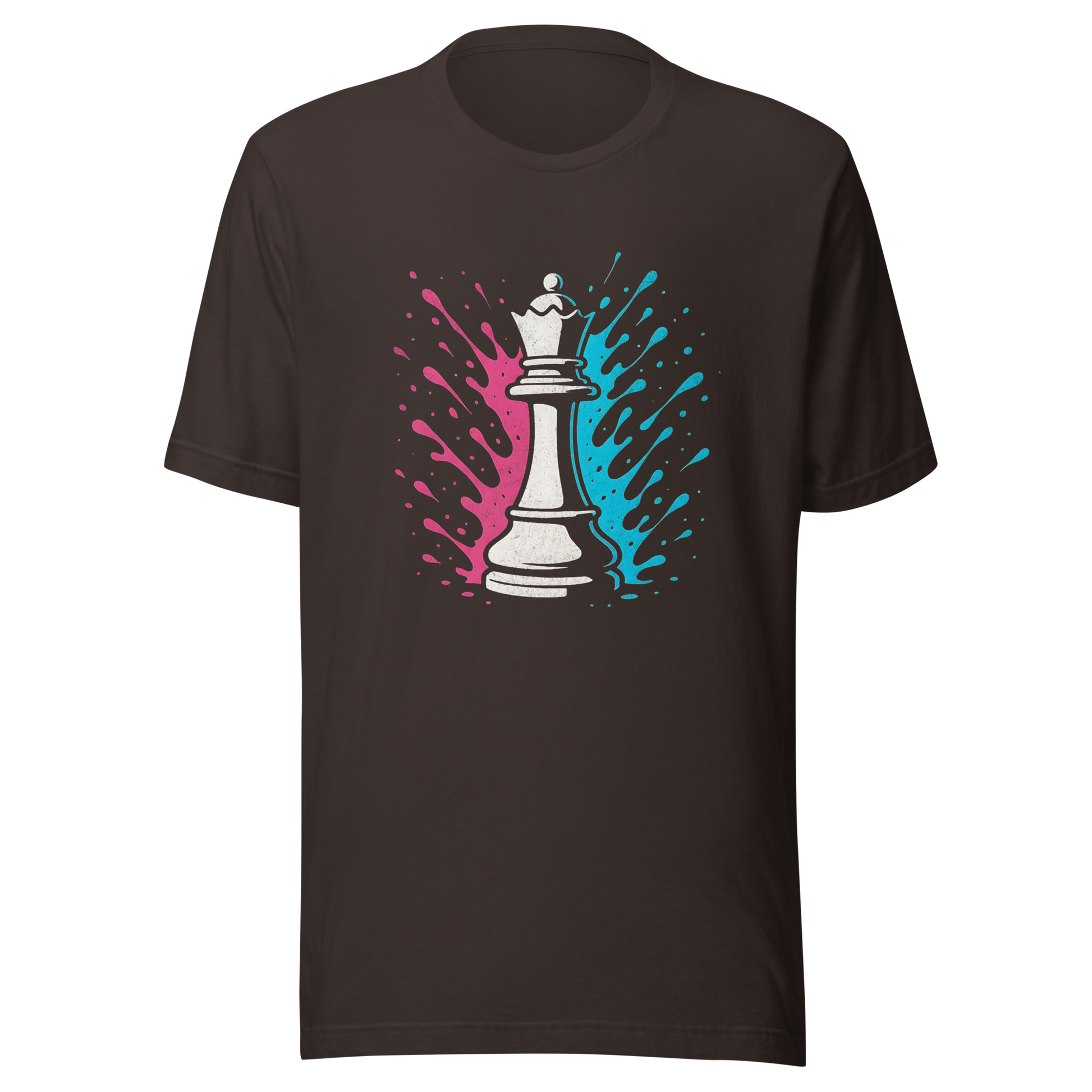 Braunes Partnerlook T-Shirt mit Schach Dame und blau pinken Farbspritzern