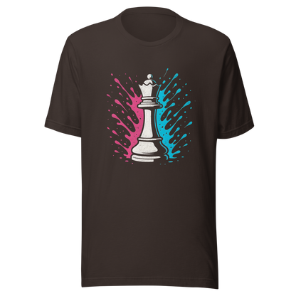 Braunes Partnerlook T-Shirt mit Schach Dame und blau pinken Farbspritzern