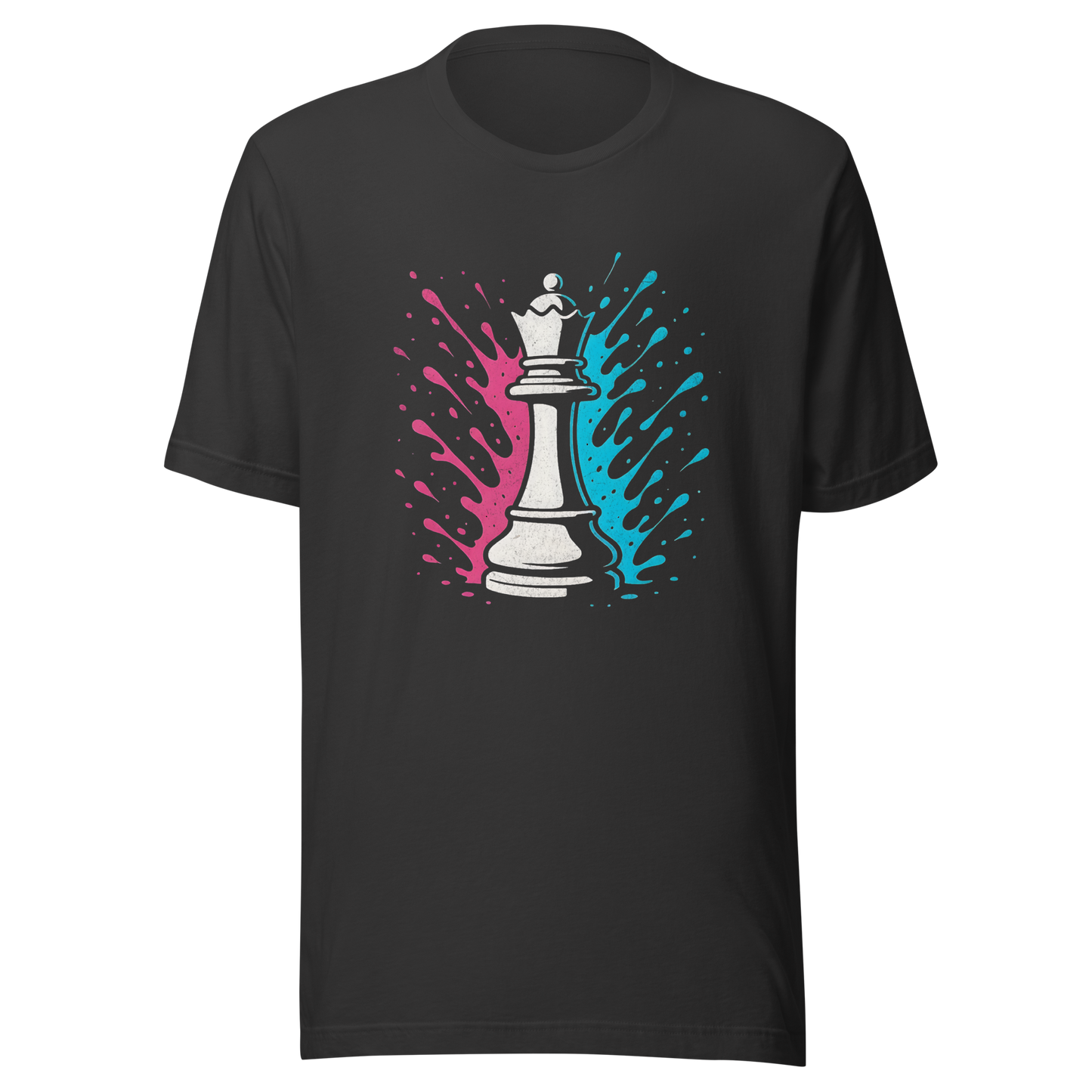 Graues Partnerlook T-Shirt mit Schach Dame und blau pinken Farbspritzern