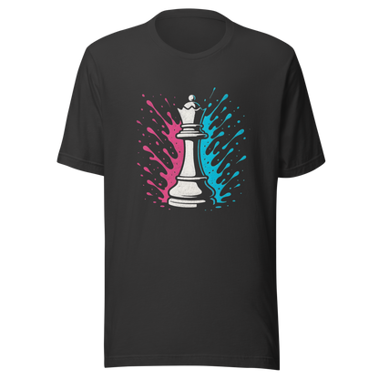 Graues Partnerlook T-Shirt mit Schach Dame und blau pinken Farbspritzern
