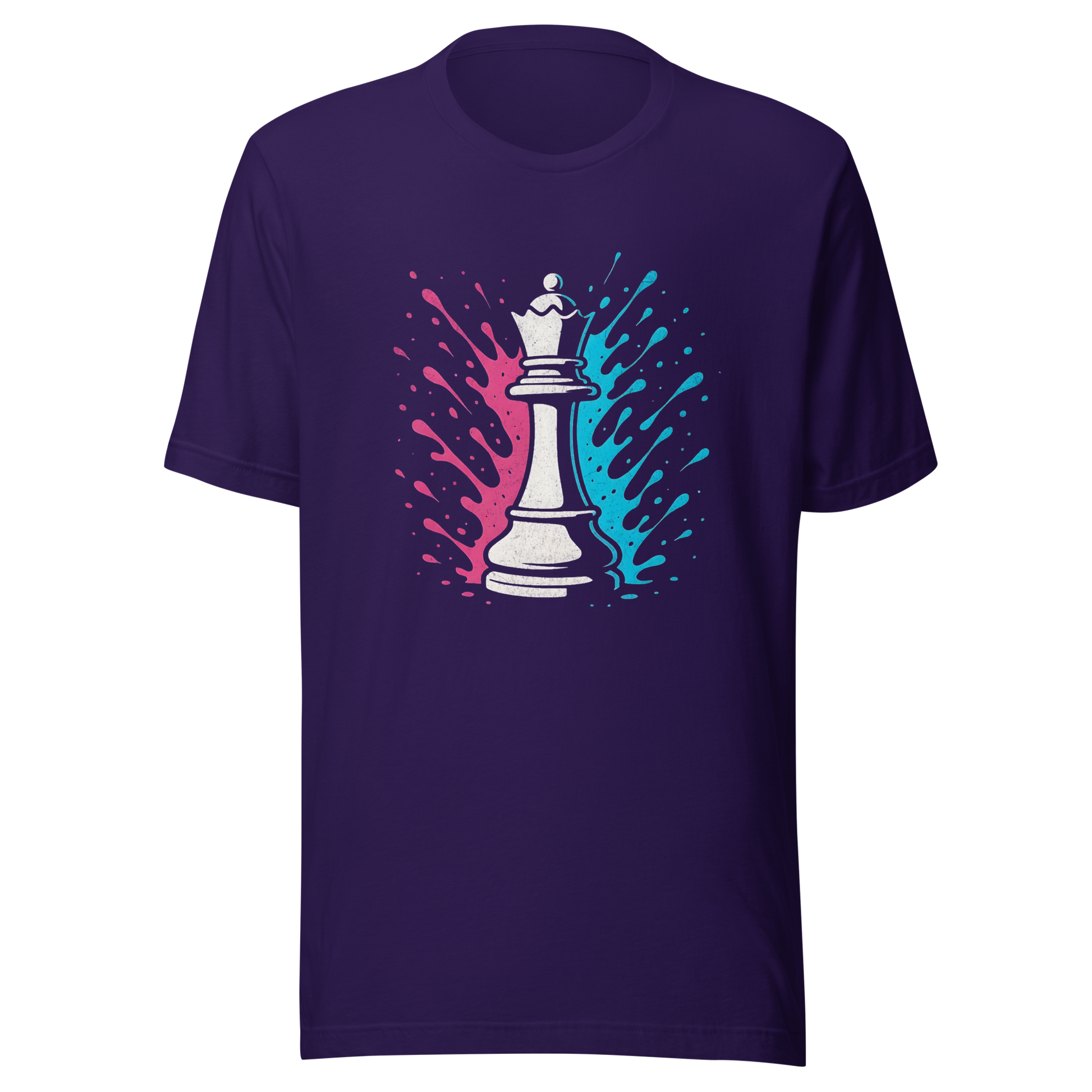 Lila Partnerlook T-Shirt mit Schach Dame und blau pinken Farbspritzern