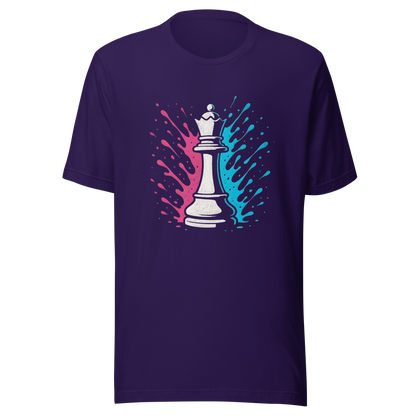 Lila Partnerlook T-Shirt mit Schach Dame und blau pinken Farbspritzern