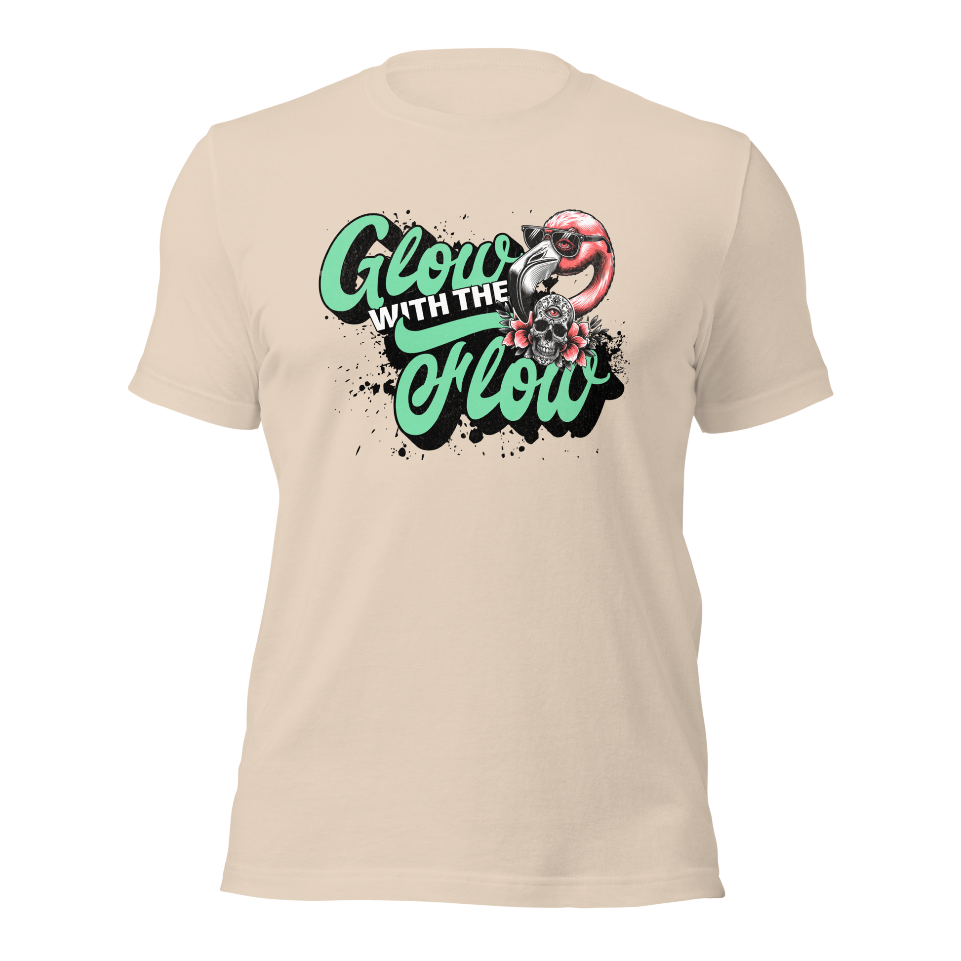 Cream farbendes T-Shirt mit Flow with the Glow Schriftzug und Flamingo