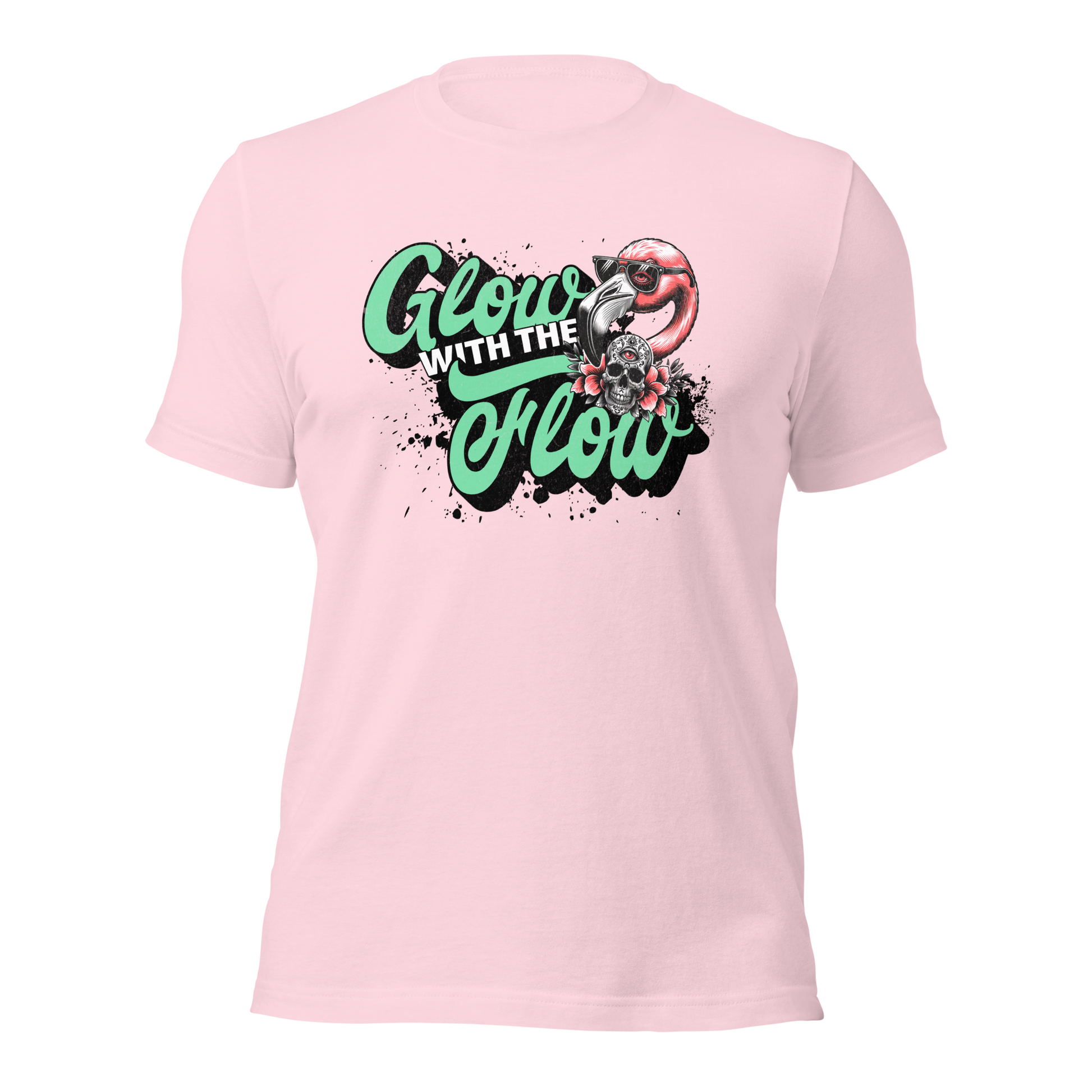 Pinkes T-Shirt mit Flow with the Glow Schriftzug und Flamingo