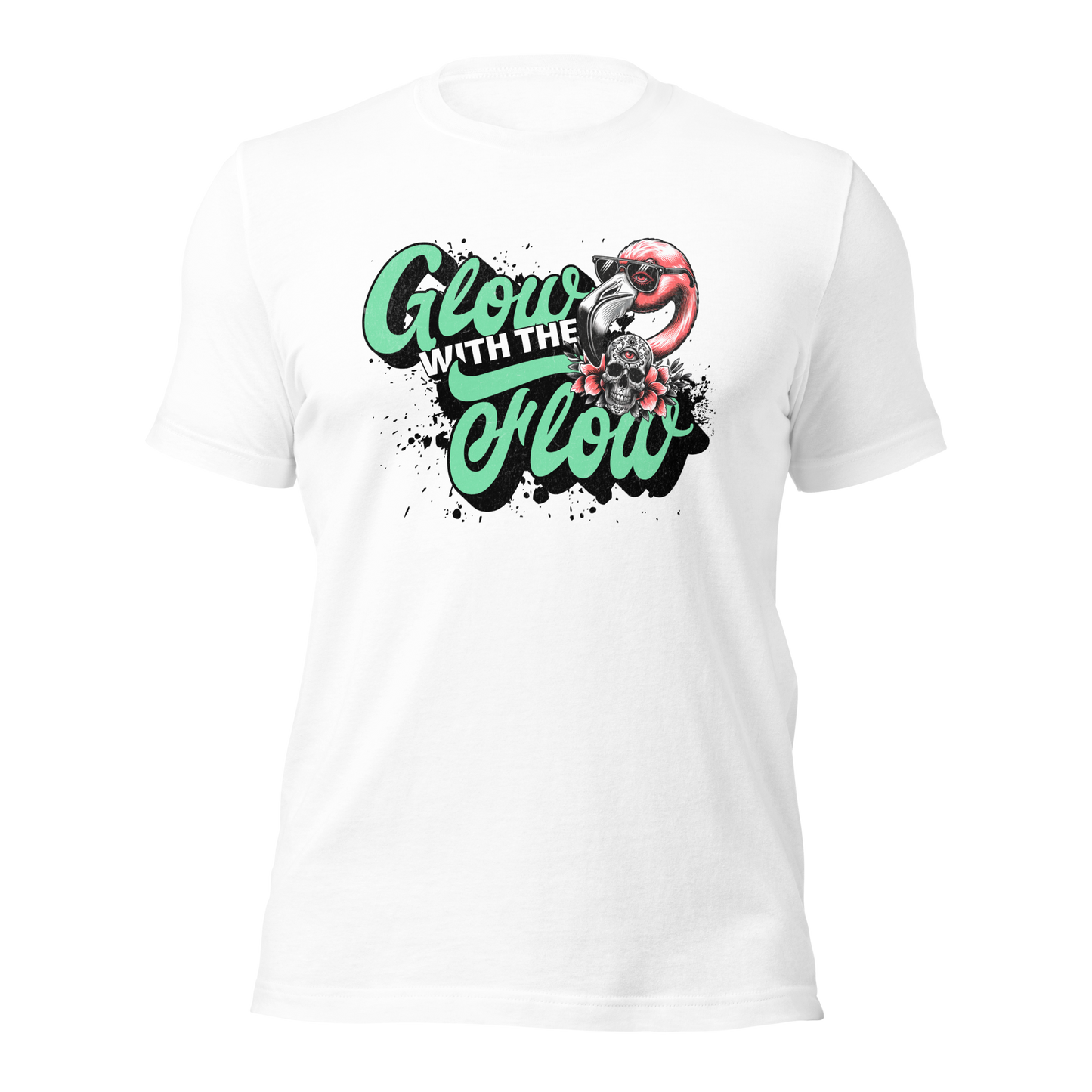 Weißes T-Shirt mit Flow with the Glow Schriftzug und Flamingo