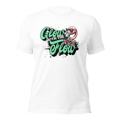 Weißes T-Shirt mit Flow with the Glow Schriftzug und Flamingo