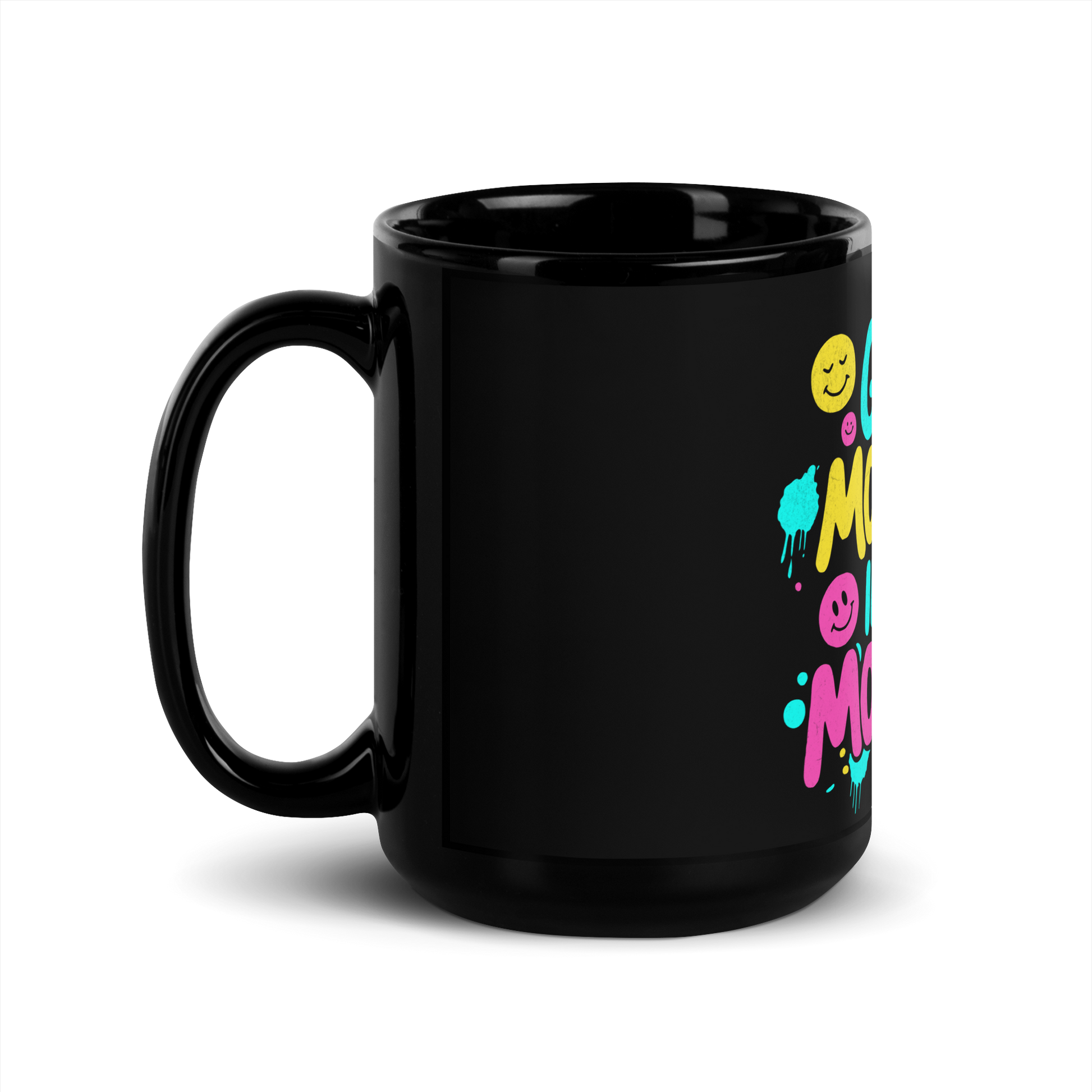 Linke Seitenansicht Schwarze Tasse mit buntem Good Morning in the Morning Schriftzug