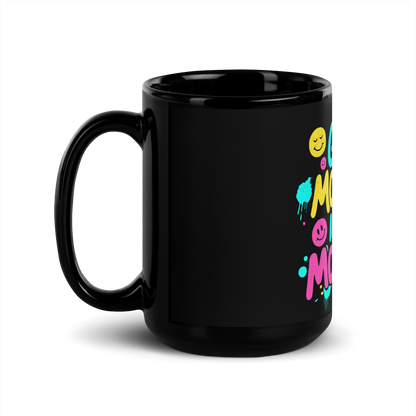 Linke Seitenansicht Schwarze Tasse mit buntem Good Morning in the Morning Schriftzug