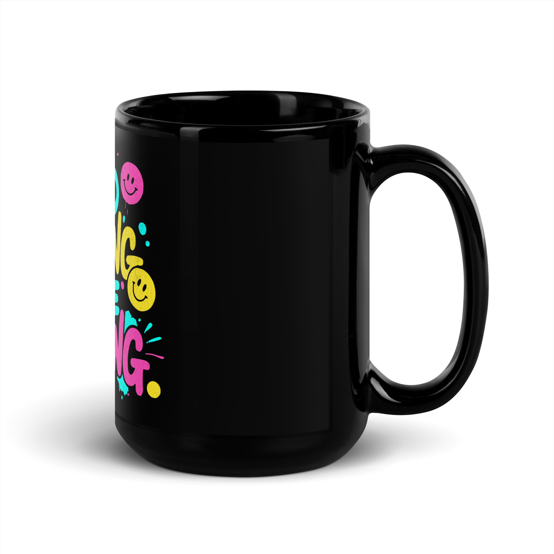 Rechte Seitenansicht Schwarze Tasse mit buntem Good Morning in the Morning Schriftzug