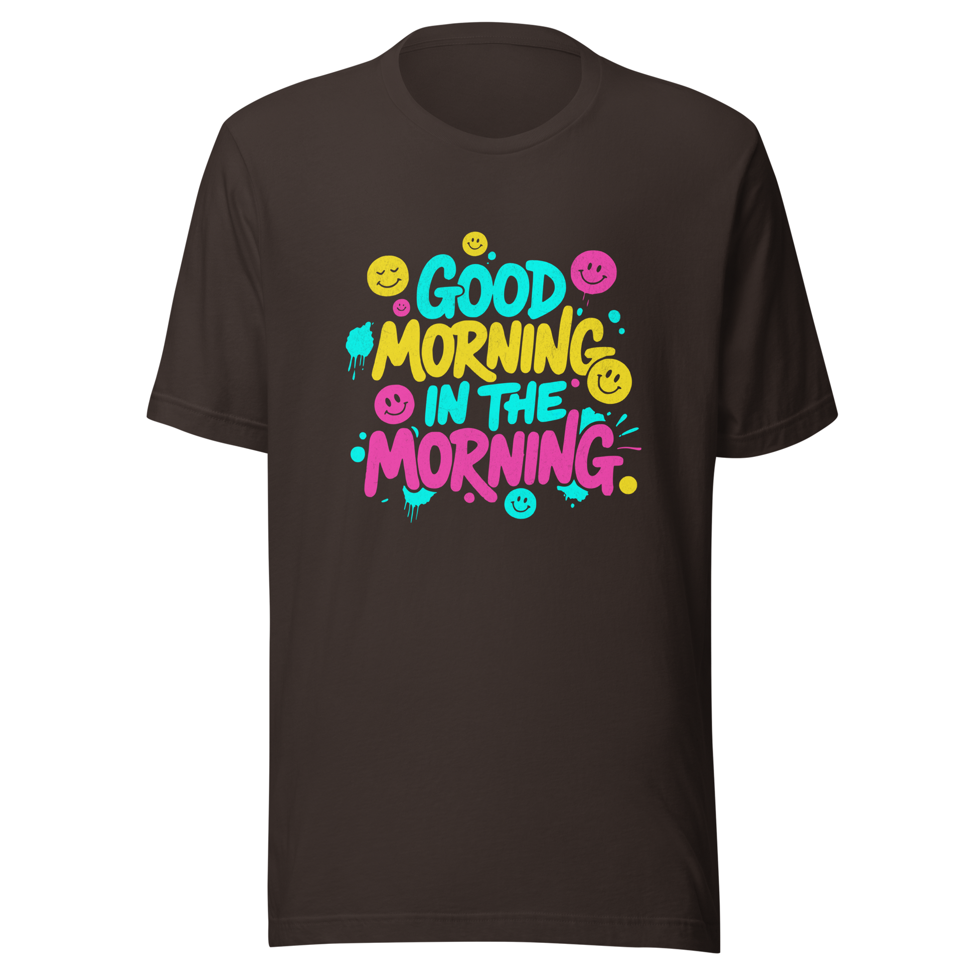Braunes T-Shirt mit buntem-Good Morning in the Morning Spruch im Streetwear-Stil