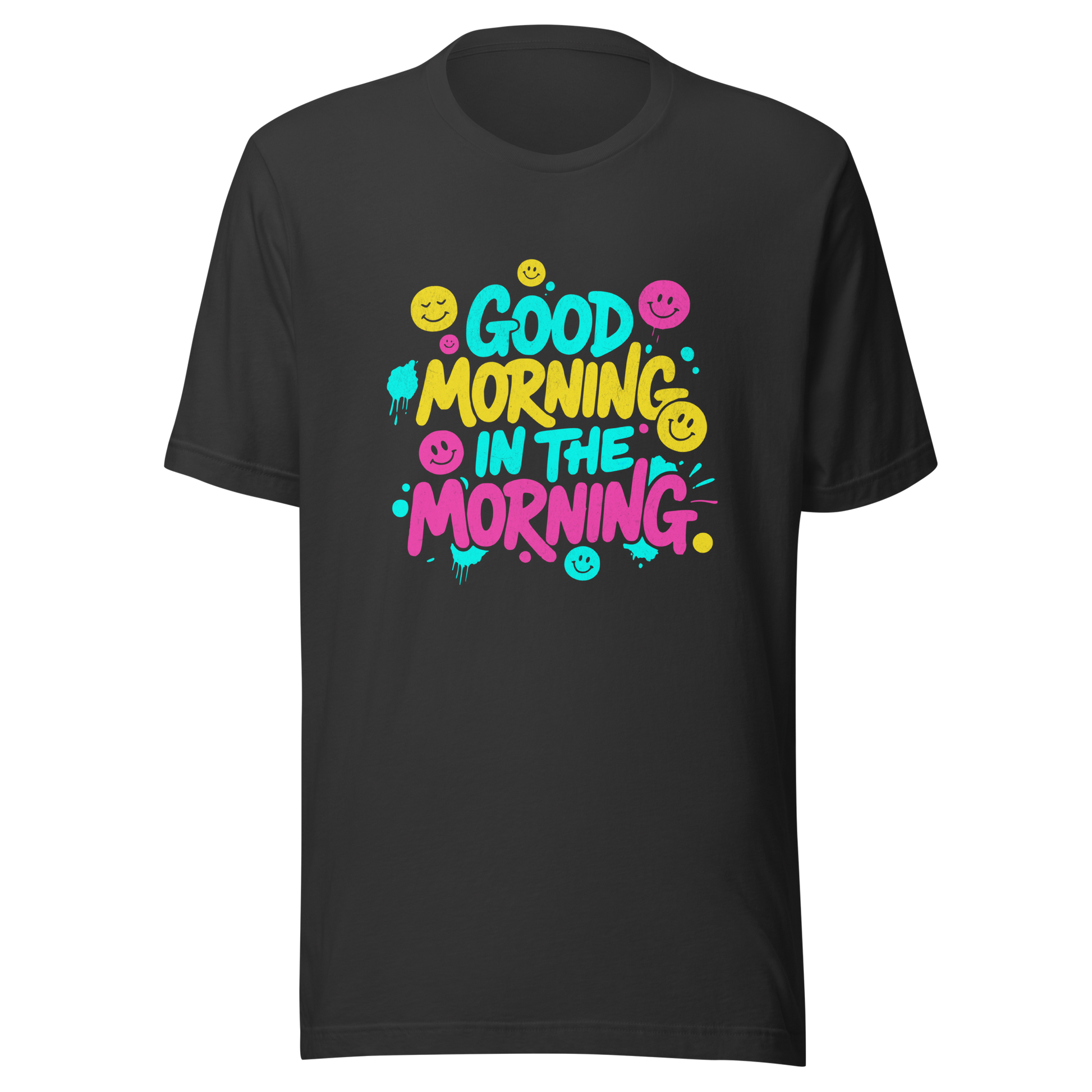 Graues T-Shirt mit buntem-Good Morning in the Morning Spruch im Streetwear-Stil