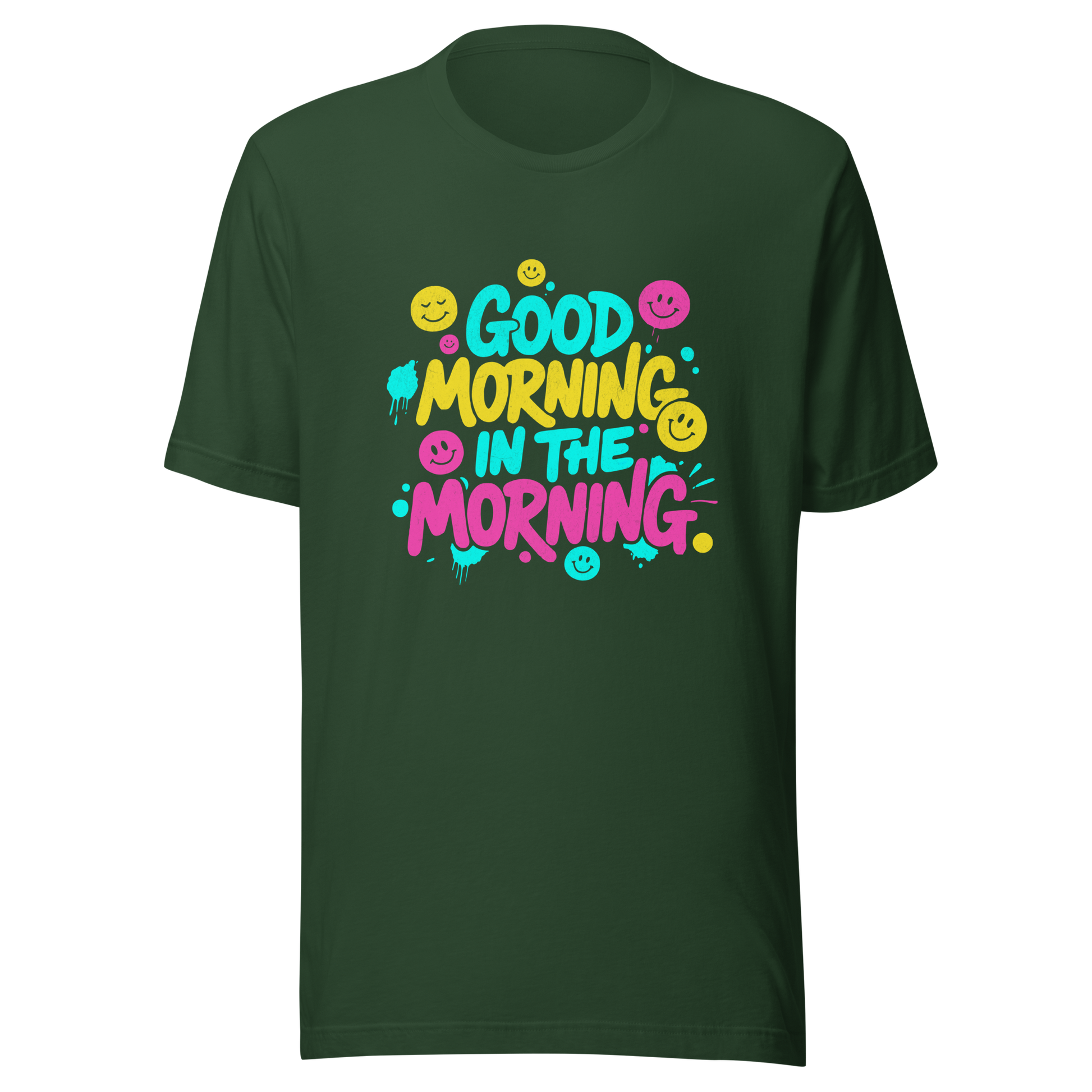 Grünes T-Shirt mit buntem-Good Morning in the Morning Spruch im Streetwear-Stil