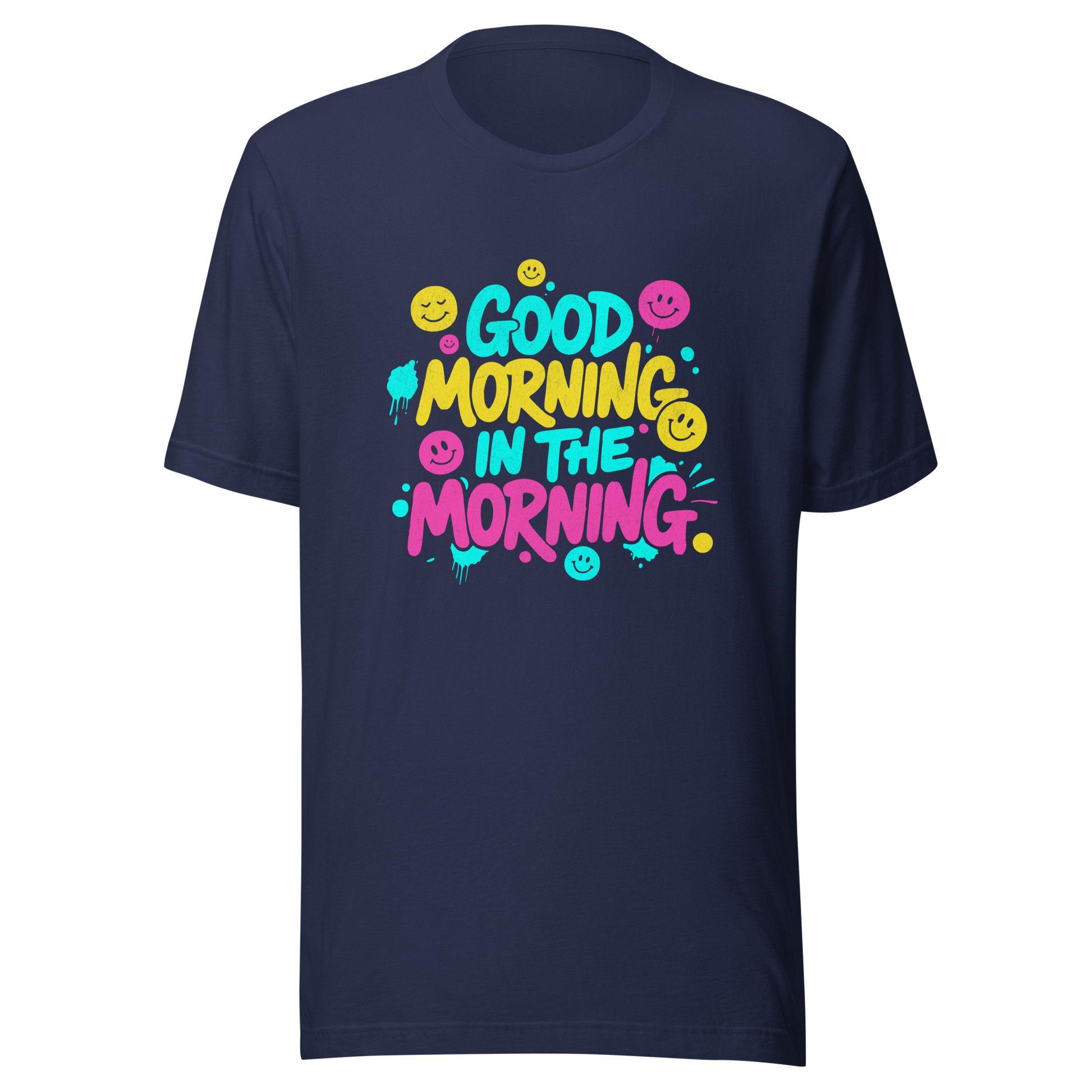 Navy T-Shirt mit buntem-Good Morning in the Morning Spruch im Streetwear-Stil