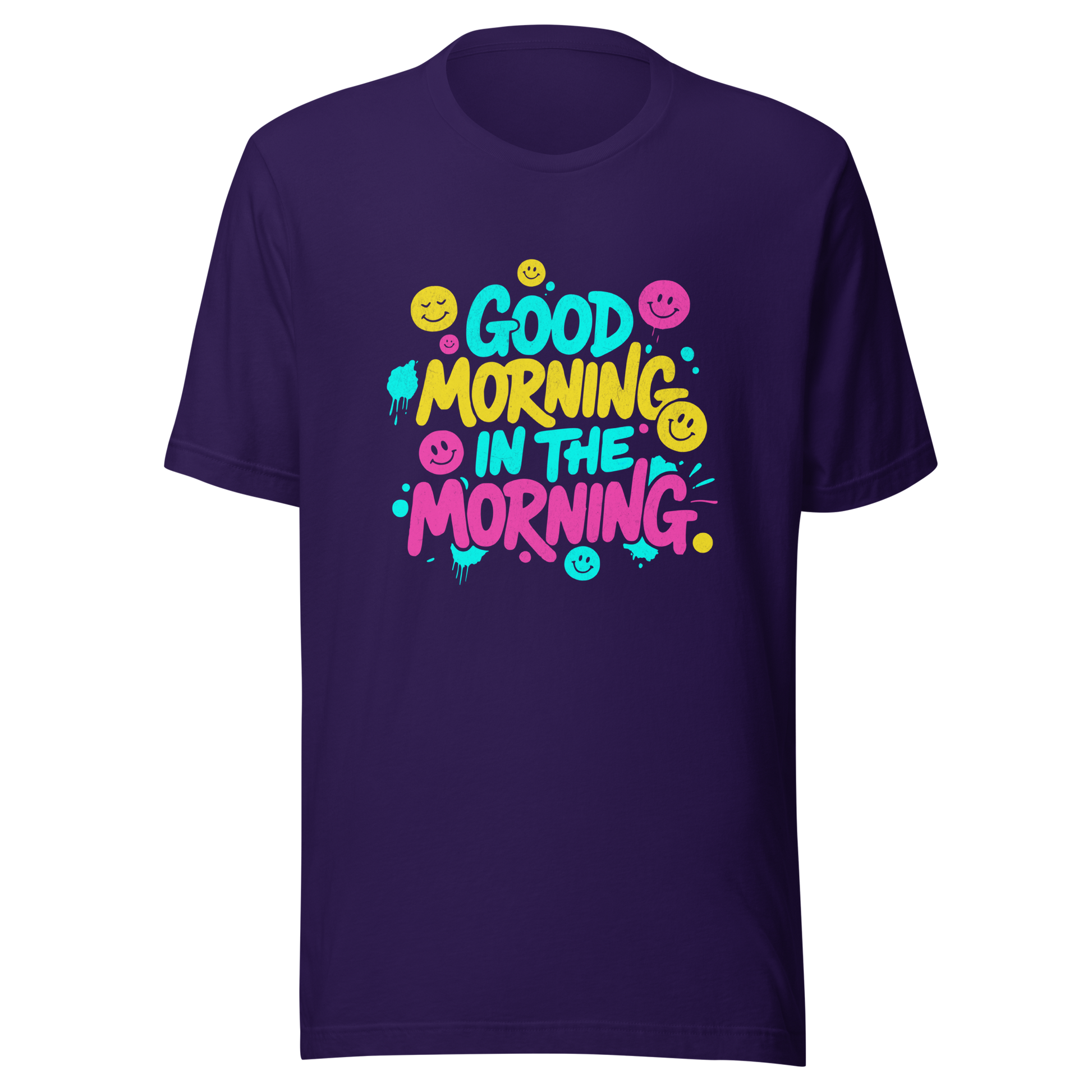 Lila T-Shirt mit buntem-Good Morning in the Morning Spruch im Streetwear-Stil