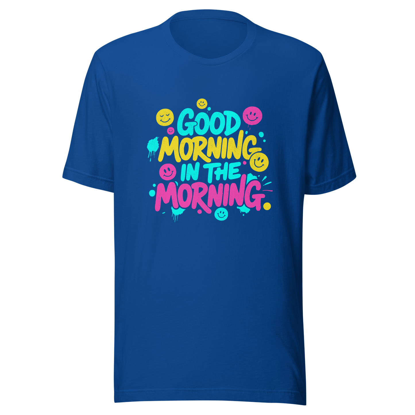 Blaues T-Shirt mit buntem-Good Morning in the Morning Spruch im Streetwear-Stil