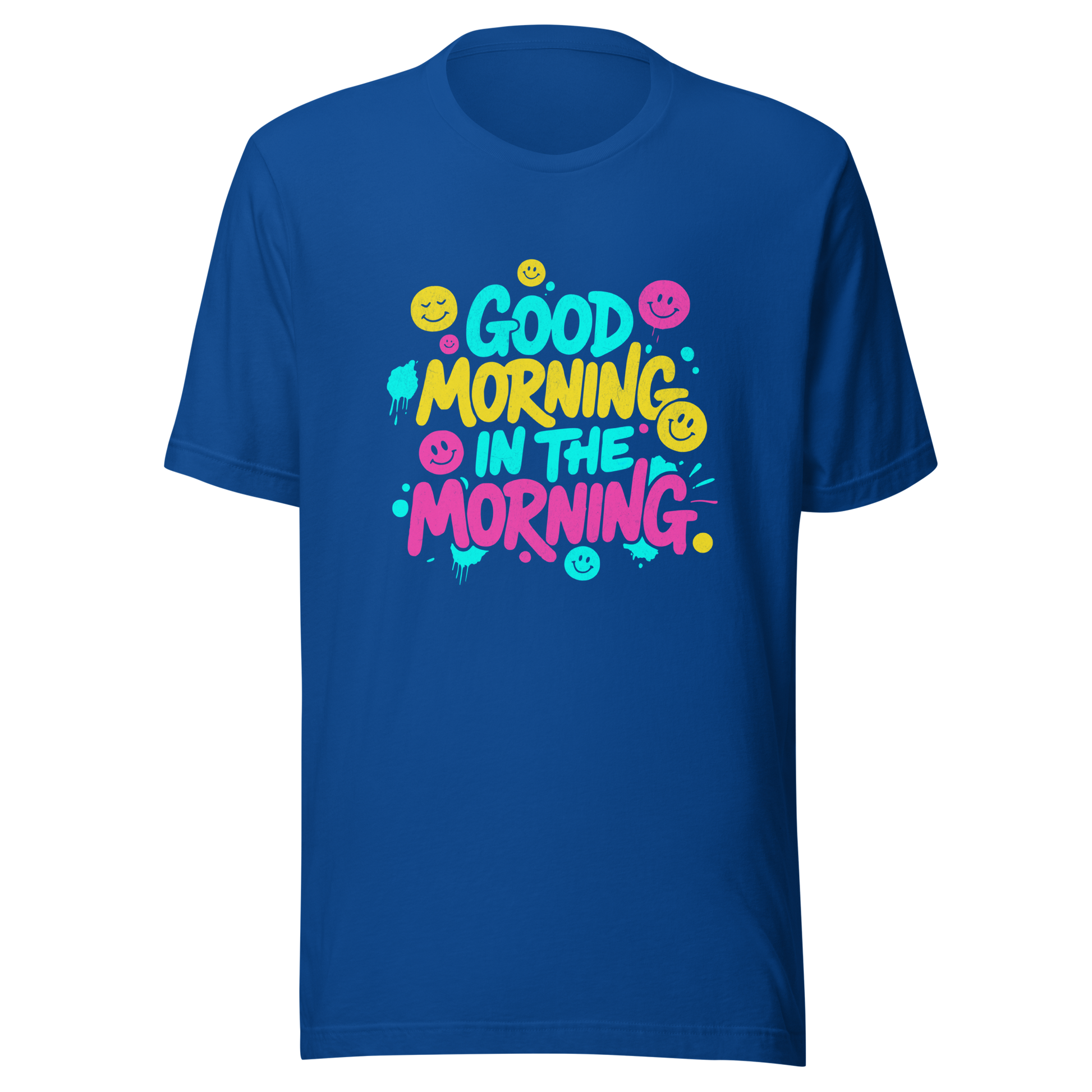 Blaues T-Shirt mit buntem-Good Morning in the Morning Spruch im Streetwear-Stil