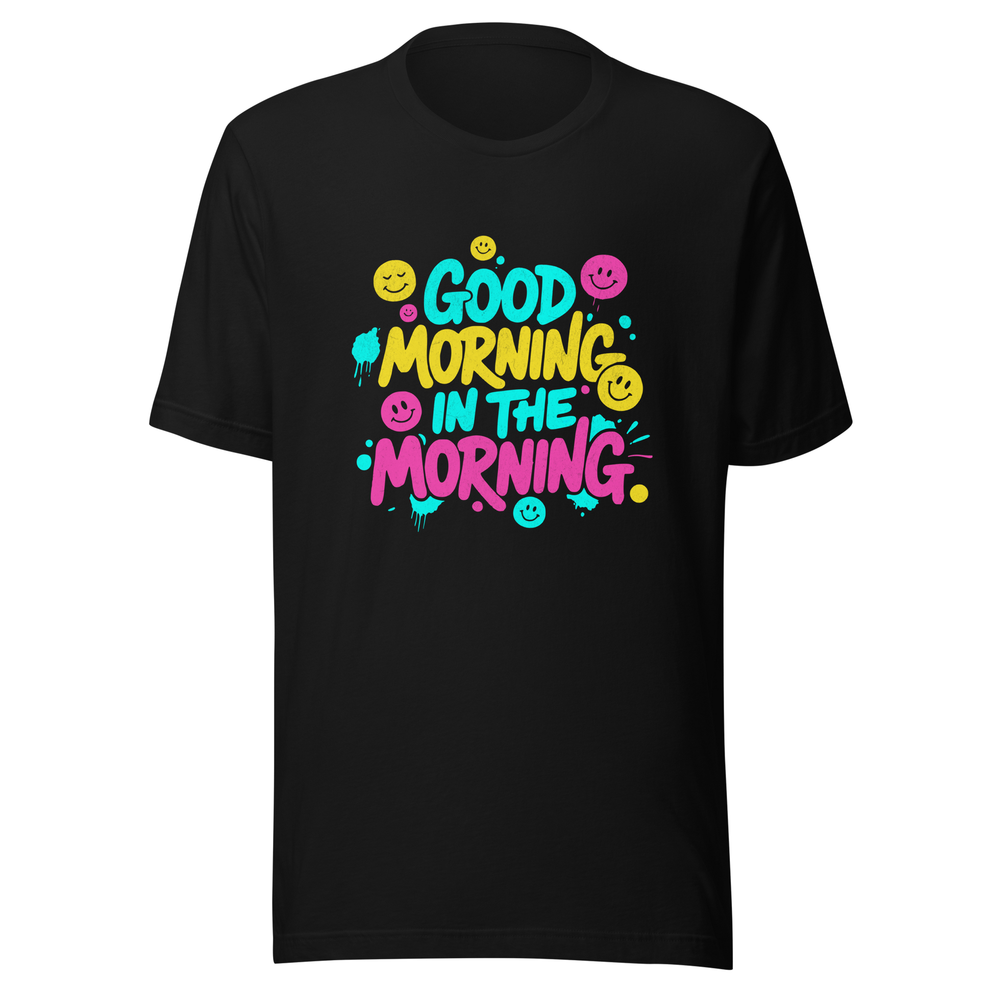 Schwarzes T-Shirt mit buntem-Good Morning in the Morning Spruch im Streetwear-Stil