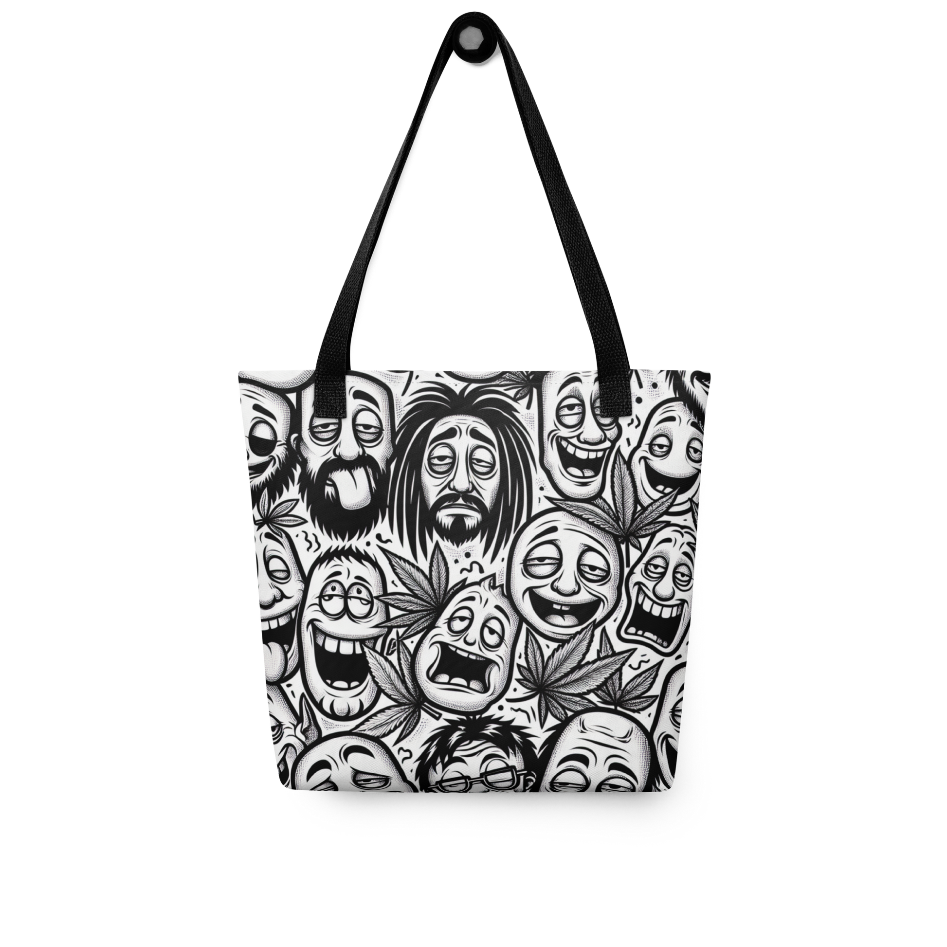 All-Over Stoffbeutel mit schwarz weißen bekifften Gesichtern und Hanfblättern und schwarzem Henkel