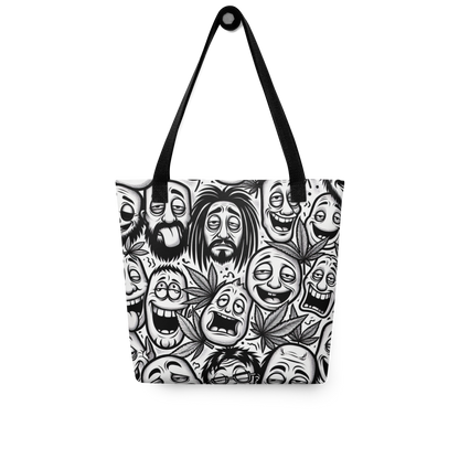 All-Over Stoffbeutel mit schwarz weißen bekifften Gesichtern und Hanfblättern und schwarzem Henkel