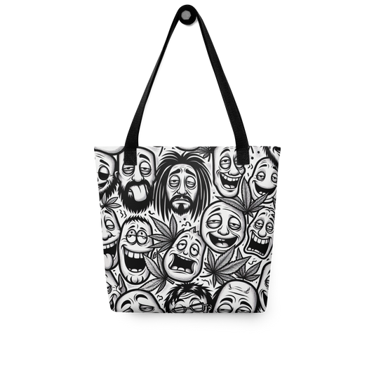 All-Over Stoffbeutel mit schwarz weißen bekifften Gesichtern und Hanfblättern und schwarzem Henkel