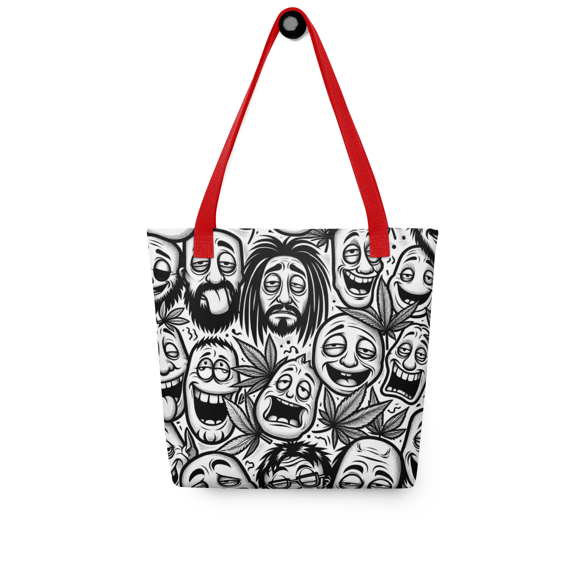 All-Over Stoffbeutel mit schwarz weißen bekifften Gesichtern und Hanfblättern und rotem Henkel