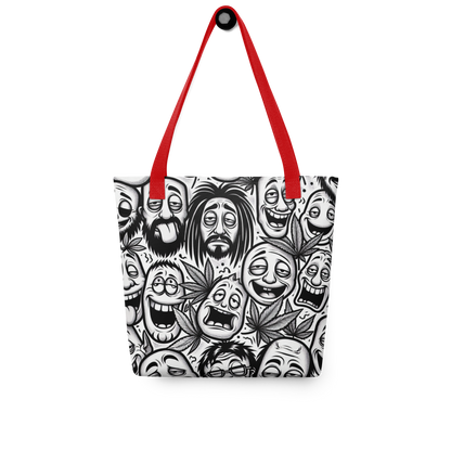 All-Over Stoffbeutel mit schwarz weißen bekifften Gesichtern und Hanfblättern und rotem Henkel