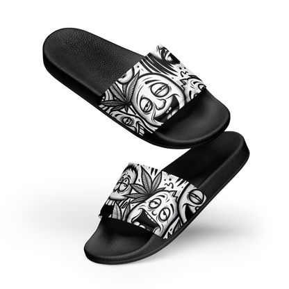 Zwei schwarze Männer Schlappen mit schwaz weißem Hanfblatt und stoned Gesichtern Seitenansicht