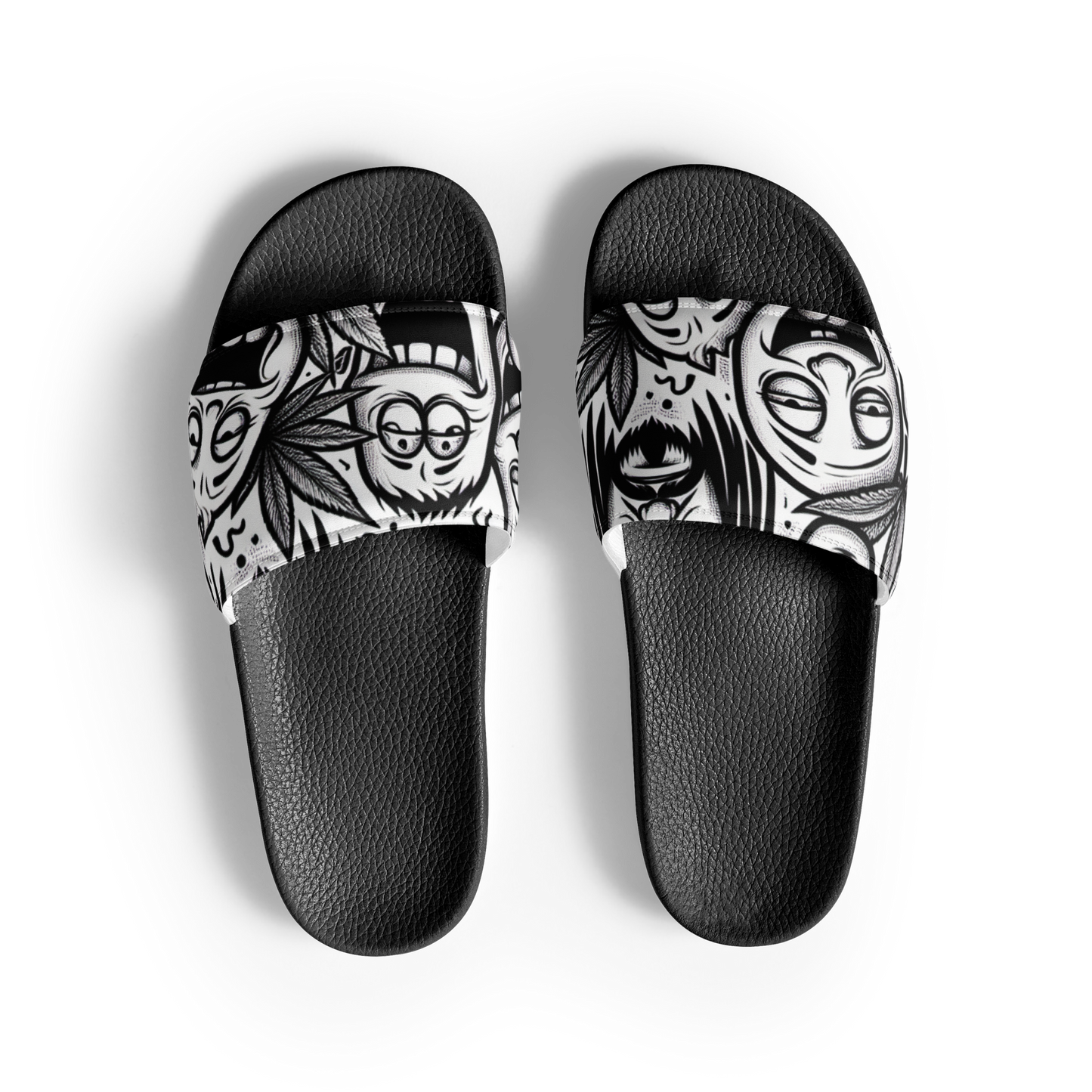 Obenansicht zwei schwarze Männer Schlappen mit schwaz weißem Hanfblatt und stoned Gesichtern