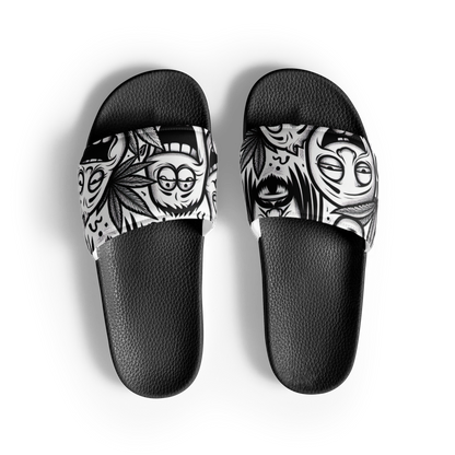 Obenansicht zwei schwarze Männer Schlappen mit schwaz weißem Hanfblatt und stoned Gesichtern