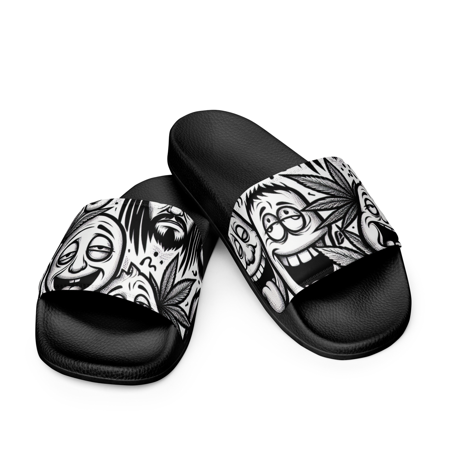 Fontansicht zwei schwarze Männer Schlappen mit schwaz weißem Hanfblatt und stoned Gesichtern