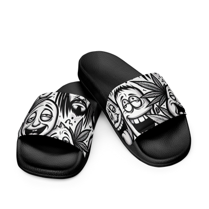 Fontansicht zwei schwarze Männer Schlappen mit schwaz weißem Hanfblatt und stoned Gesichtern