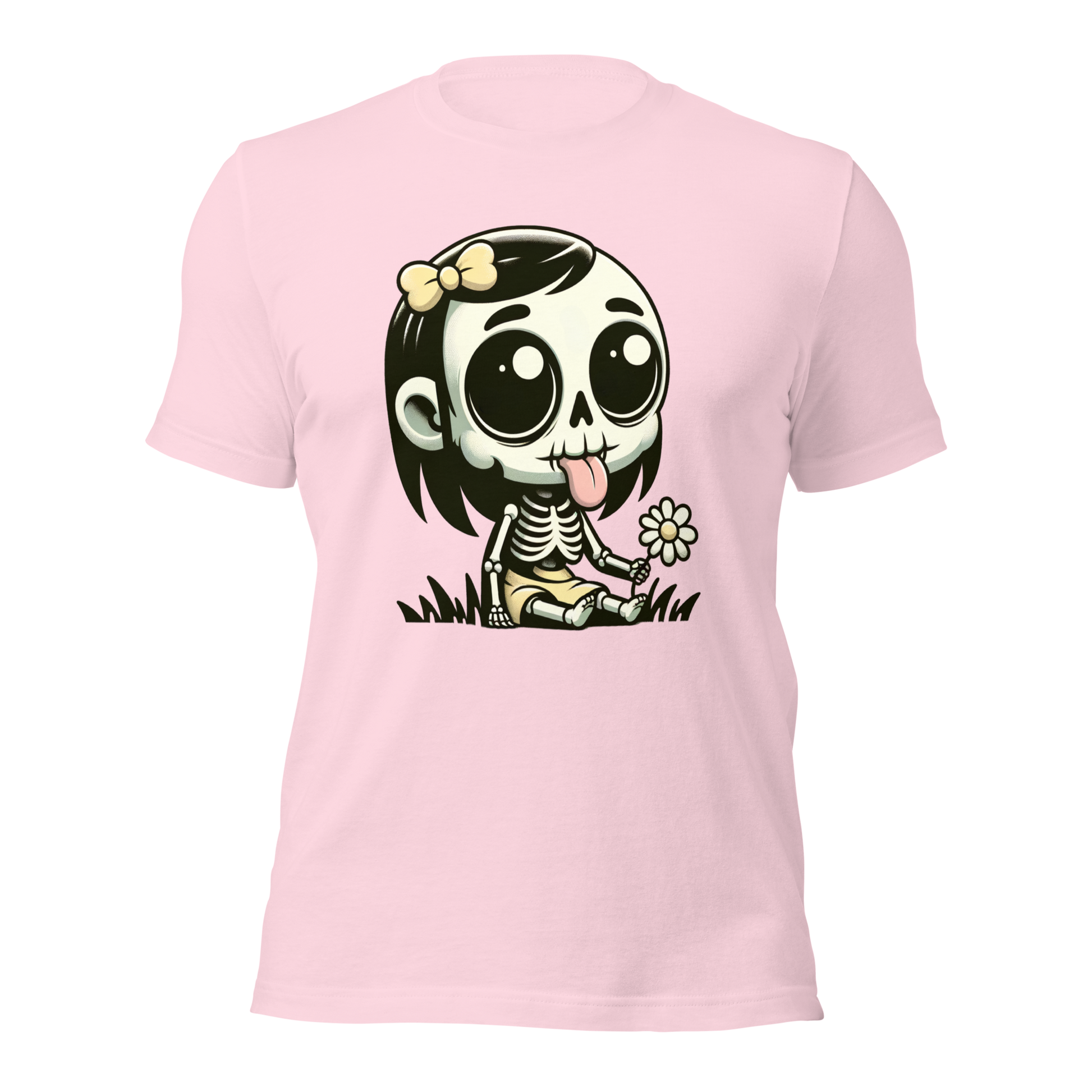 Rosa Unisex T-Shirt mit kleinem Skelettmädchen das die Zunge rausstreckt