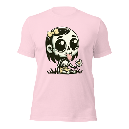 Rosa Unisex T-Shirt mit kleinem Skelettmädchen das die Zunge rausstreckt