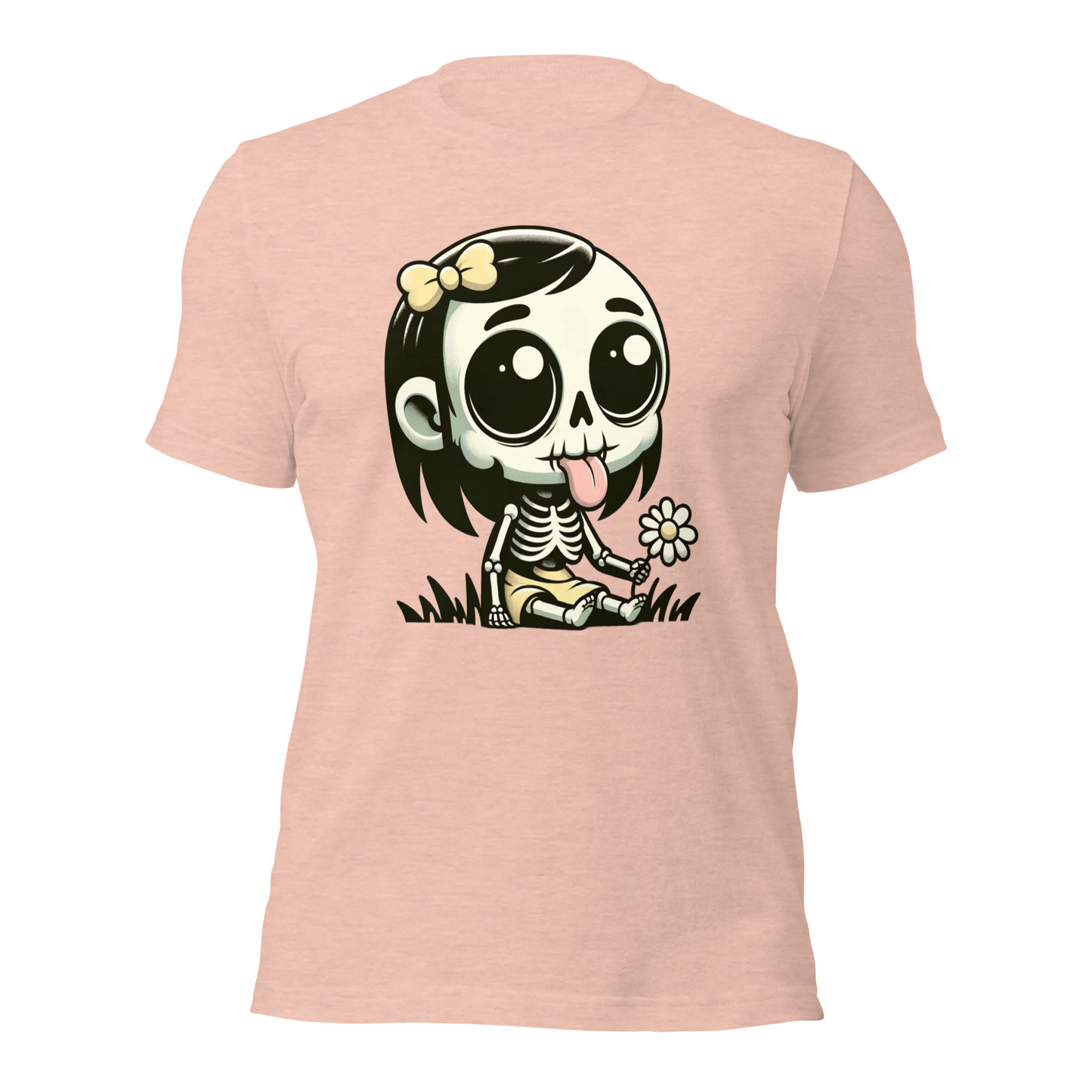 Rosa Unisex T-Shirt mit kleinem Skelettmädchen das die Zunge rausstreckt