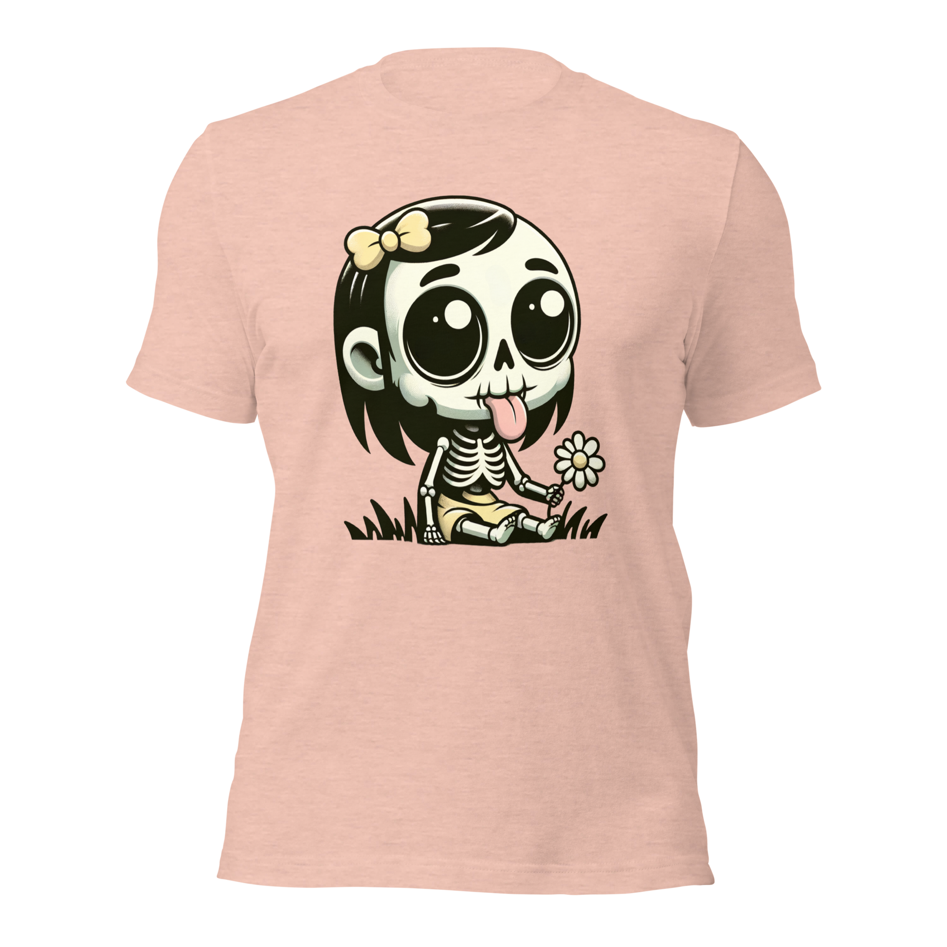 Rosa Unisex T-Shirt mit kleinem Skelettmädchen das die Zunge rausstreckt