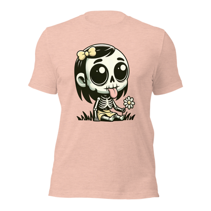 Rosa Unisex T-Shirt mit kleinem Skelettmädchen das die Zunge rausstreckt