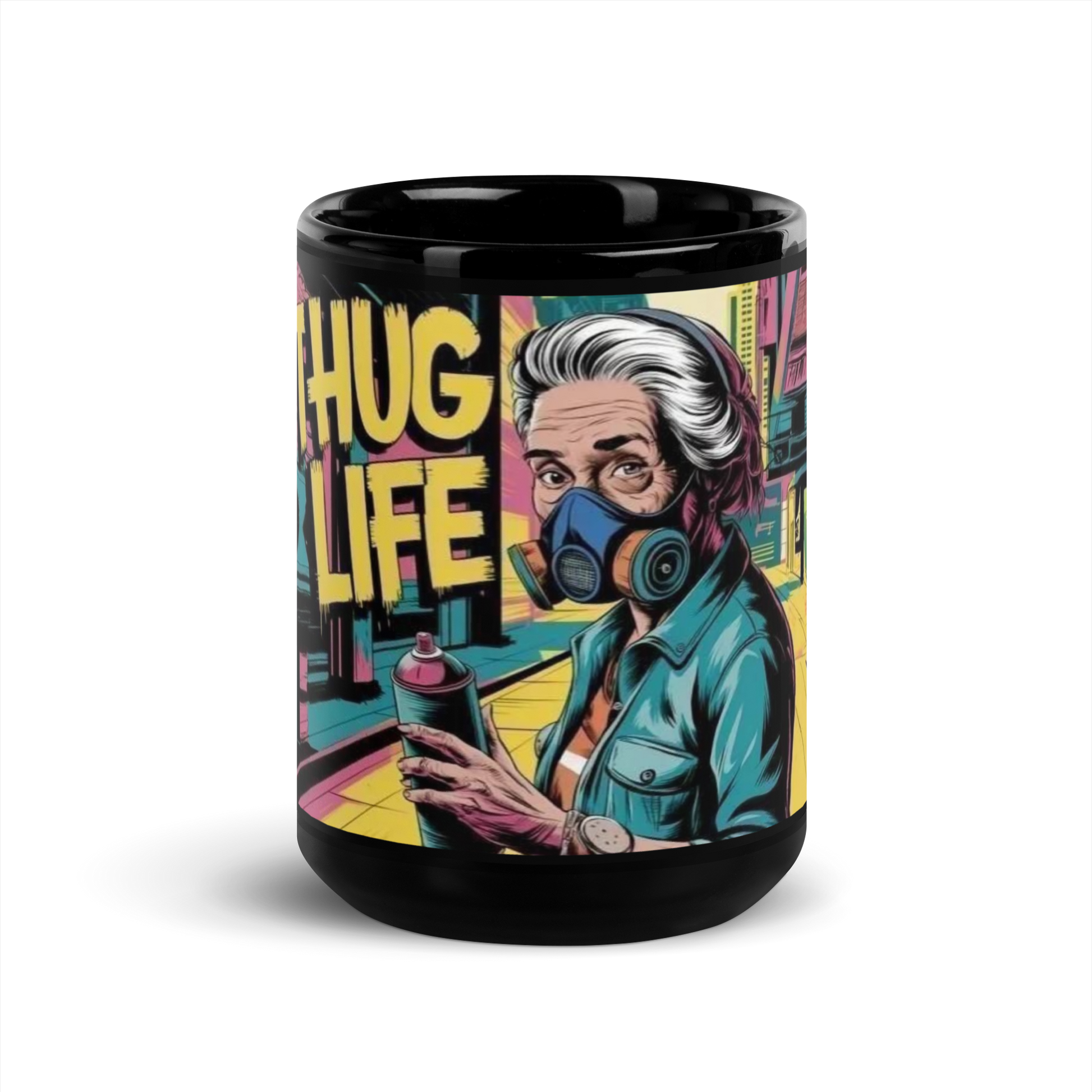 Schwarze Tasse mit sprühender Oma und THUG LIFE Schriftzug Frontansicht