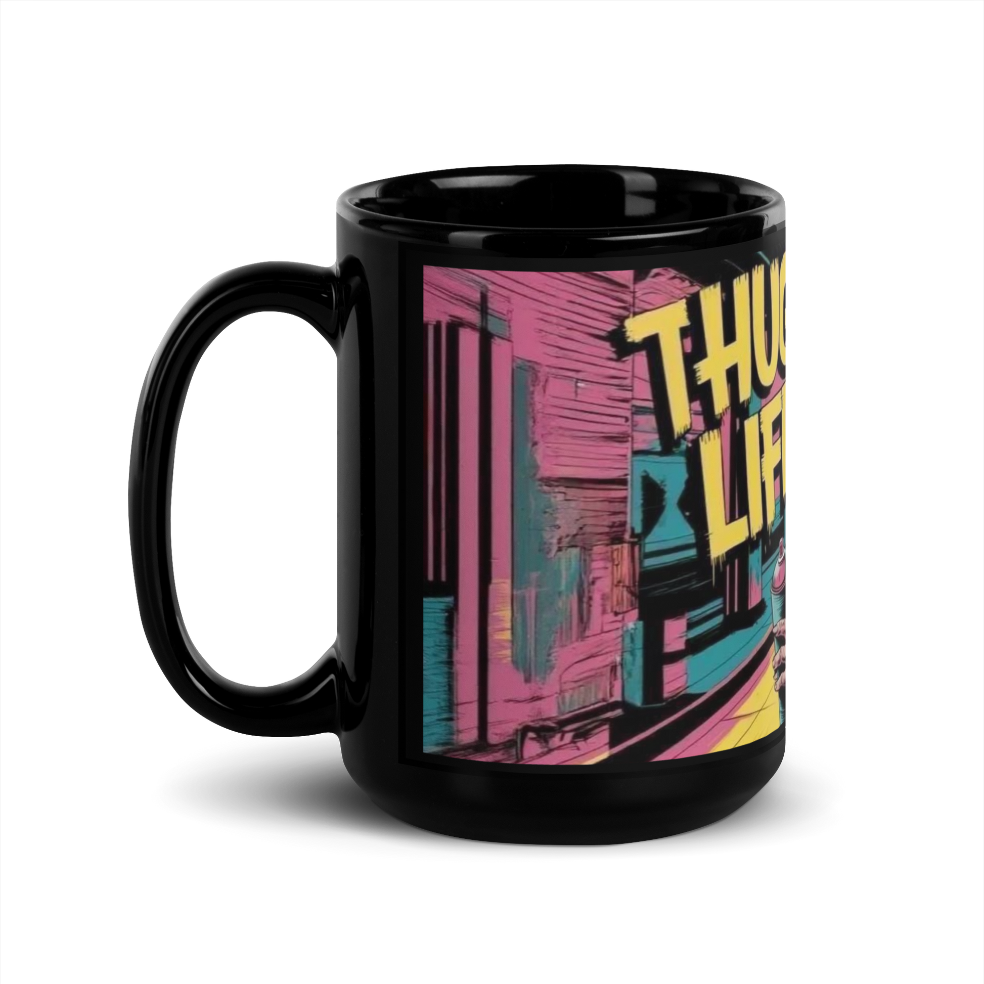 Schwarze Tasse mit sprühender Oma und THUG LIFE Schriftzug Seitenansicht Links