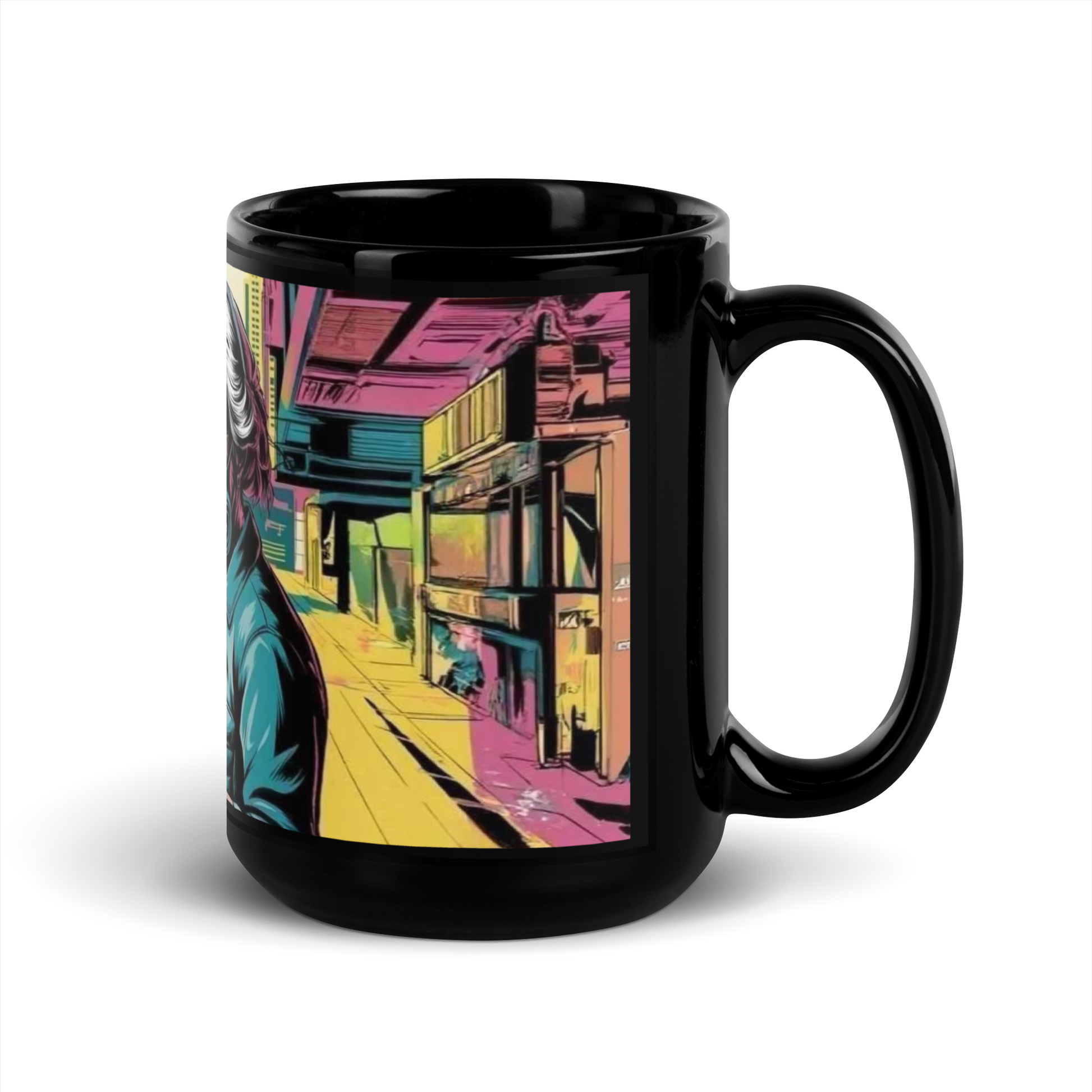 Schwarze Tasse mit sprühender Oma und THUG LIFE Schriftzug Seitenansicht Rechts