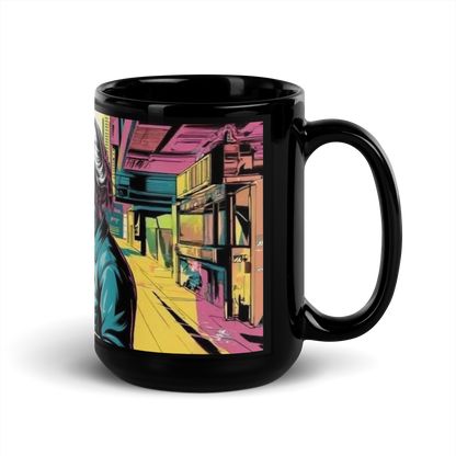 Schwarze Tasse mit sprühender Oma und THUG LIFE Schriftzug Seitenansicht Rechts