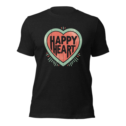 Heather schwarzes Unisex T-Shirt mit Herz Print und Hapoy Heart Schriftzug