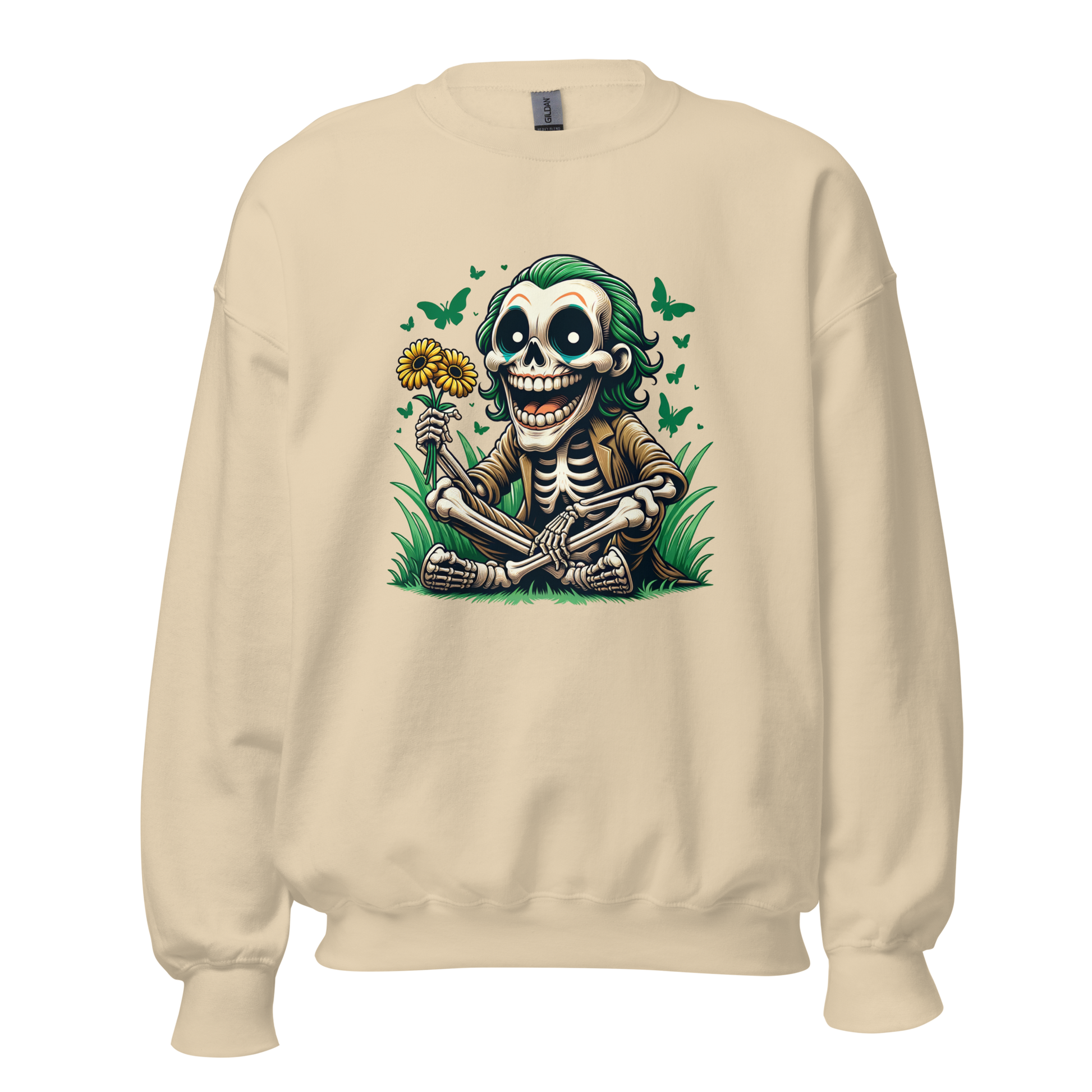 Sandfarbender Unisex Pullover mit lachendem Skelettmännchen das Sonnenblumen hält