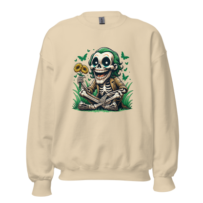 Sandfarbender Unisex Pullover mit lachendem Skelettmännchen das Sonnenblumen hält