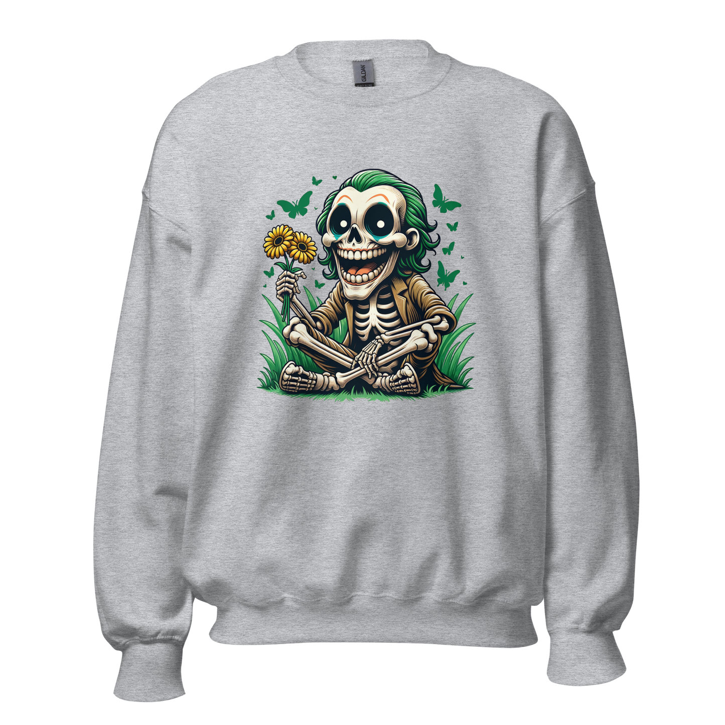 Grauer Unisex Pullover mit lachendem Skelettmännchen das Sonnenblumen hält