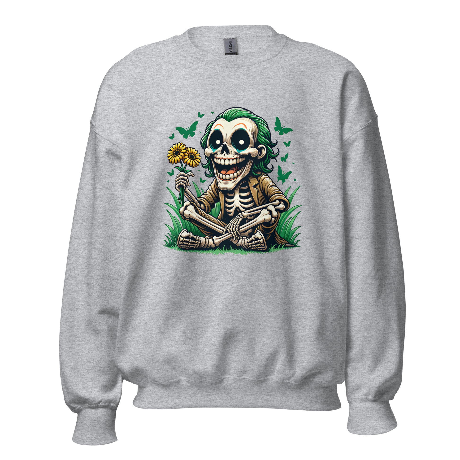 Grauer Unisex Pullover mit lachendem Skelettmännchen das Sonnenblumen hält