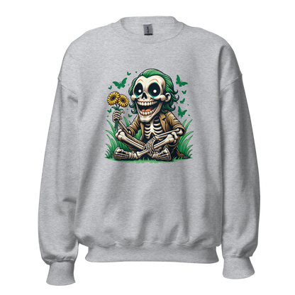 Grauer Unisex Pullover mit lachendem Skelettmännchen das Sonnenblumen hält