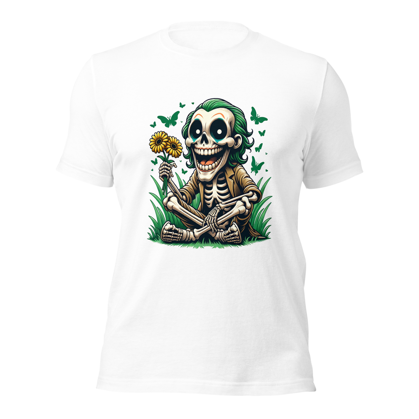 Weißes Unisex T-Shirt mit lachendem Skelettmännchen das Sonnenblumen hält