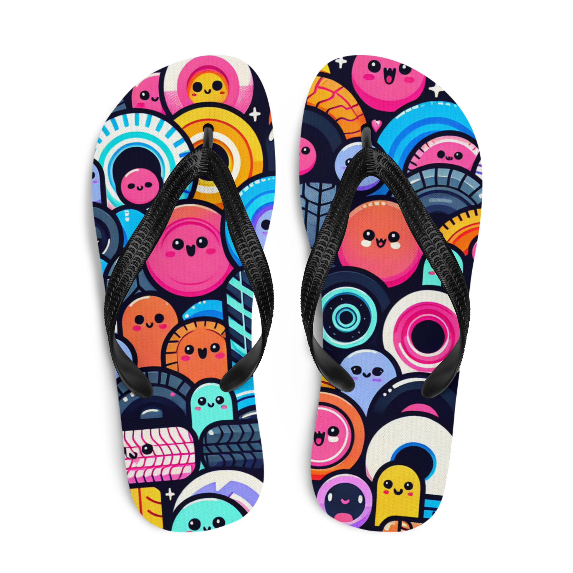 Flip Flops mit bunten und fröhlichen Reifen bedruckt