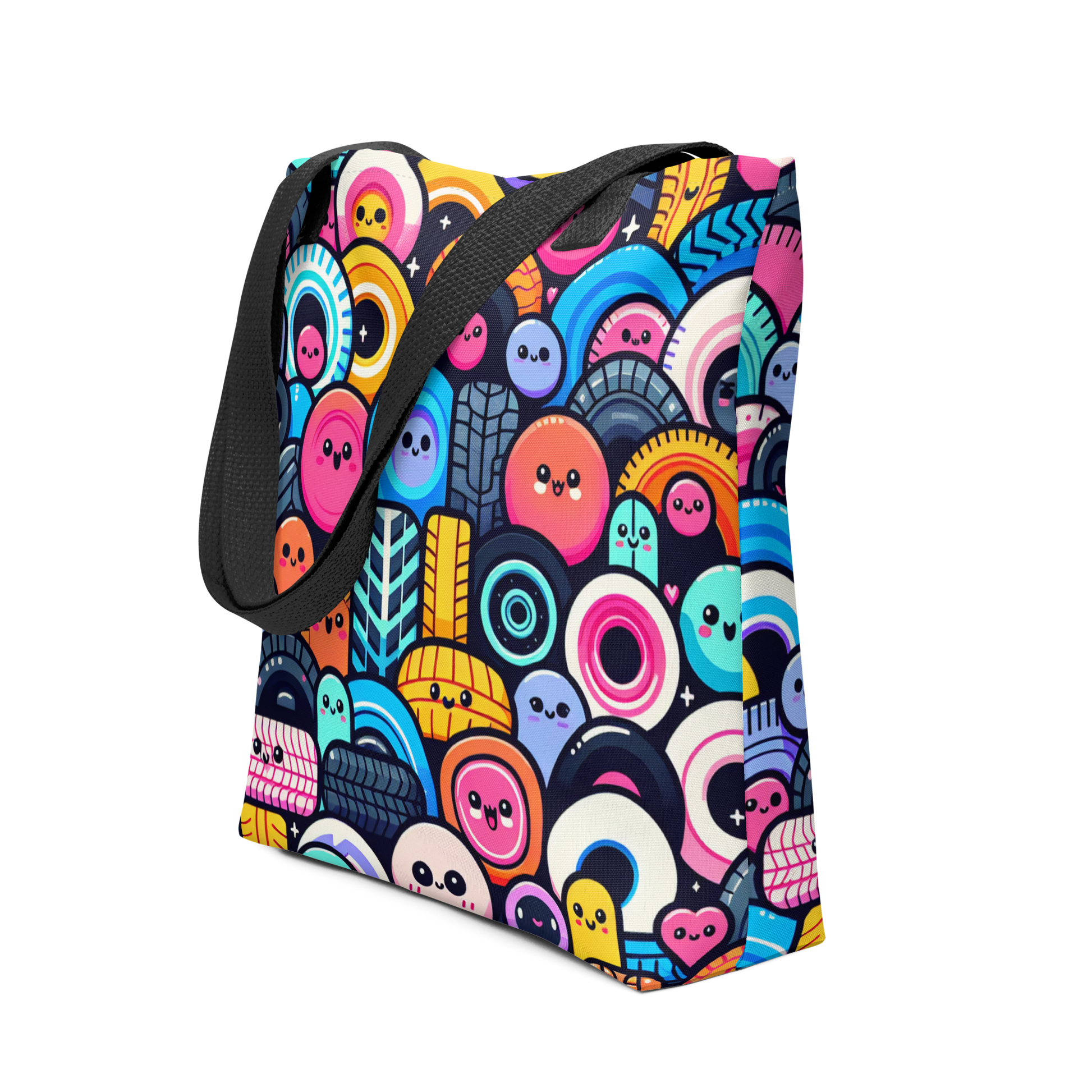 All Over Stoffbeutel mit bunten Reifen mit Gesichtern bedruckt und schwarzen Hänkeln